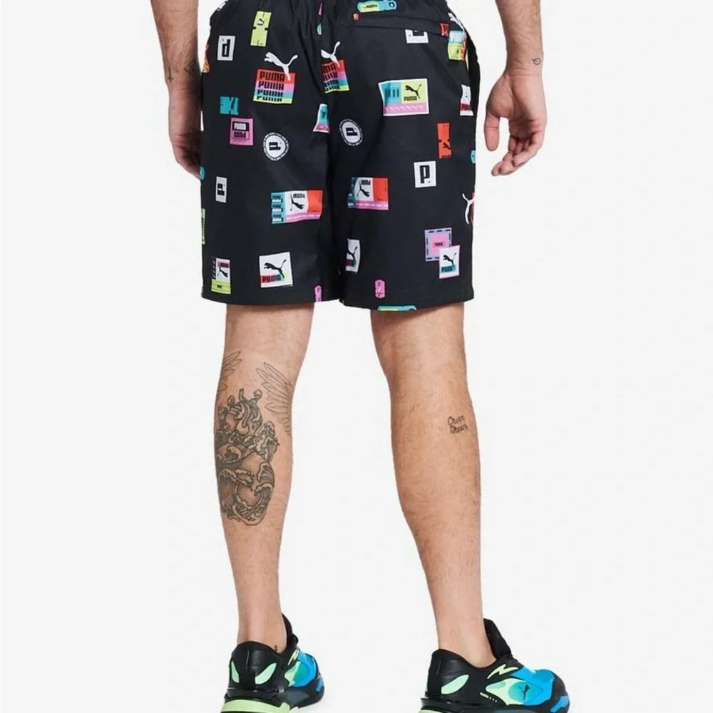 PUMA Men's Multi All Over Logo Sportswear Active Performance Gym Black Shorts - Picture 5 of 13